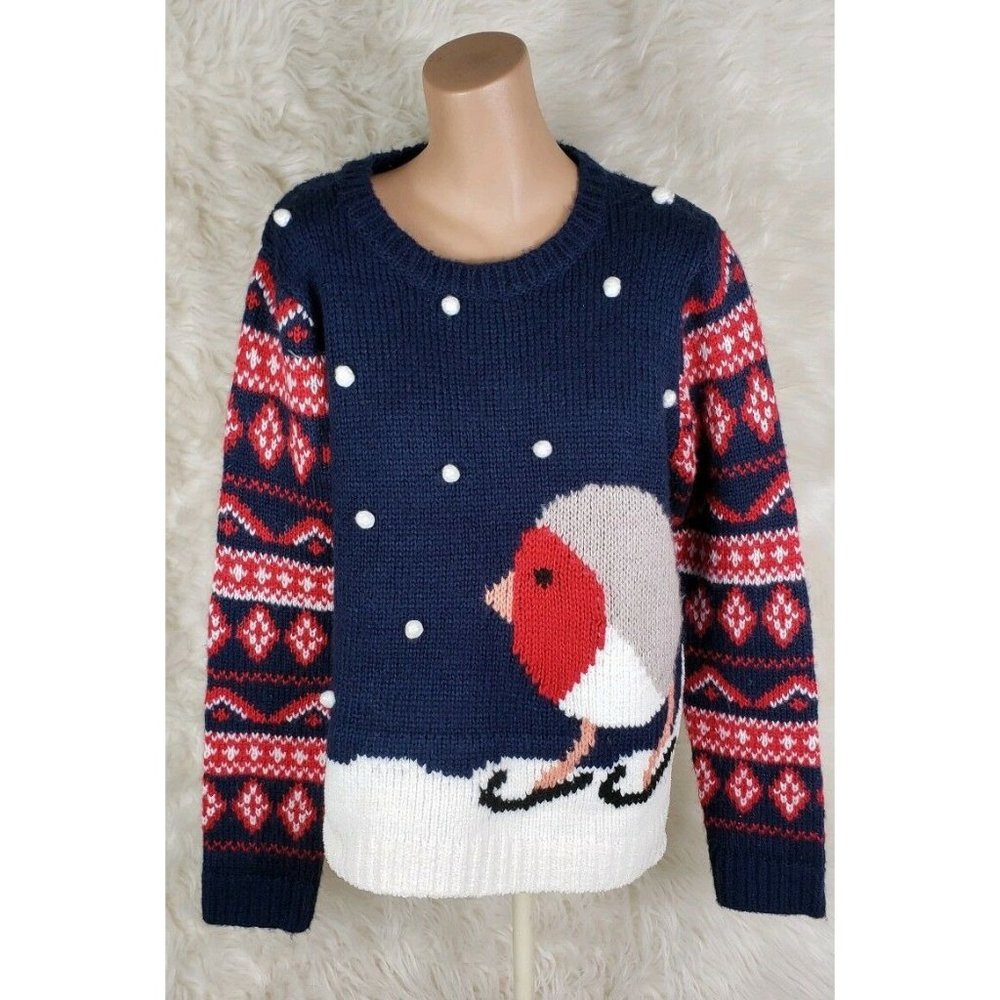 Tu Womens Size 16 Bird Pom Pom Chunky Knit Sweater Navy & Red Pullover Warm L